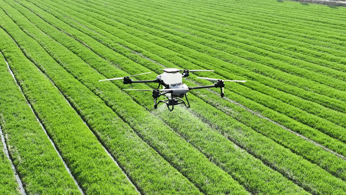 An agricultural drone flying over crop rows