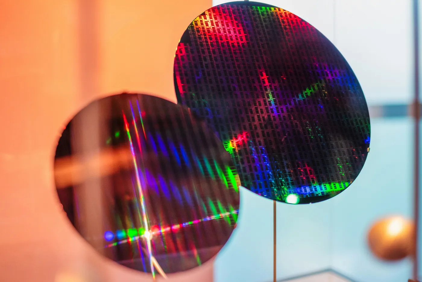 Silicon wafers refracting light in a cleanroom